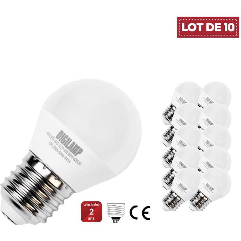 Lot de 10 Ampoule LED E27 6W G45 Blanc Froid 6000K équivalent à 45W - Digilamp