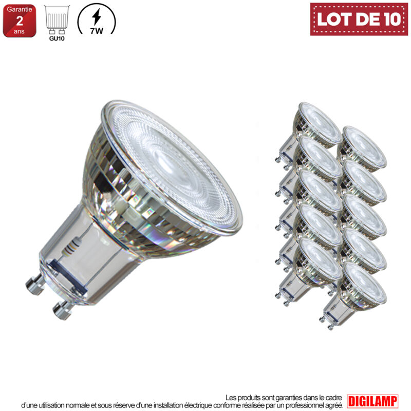 Digilamp - Lot de 10 Ampoule led GU10 7W Blanc Chaud 3000K