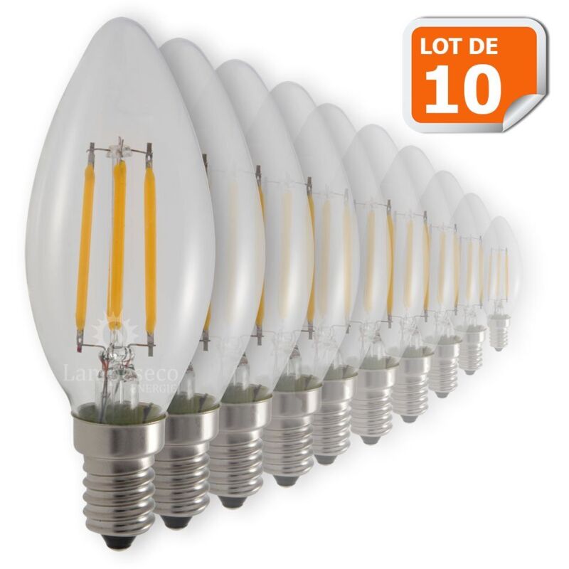 Lot de 10 Ampoules Flamme Filament 4w eq. 42W Culot E14 blanc chaud 2700-3200K Lot de 10 Ampoules Flamme Filament 4w eq. 42W Culot E14 blanc chaud 2700-3200K