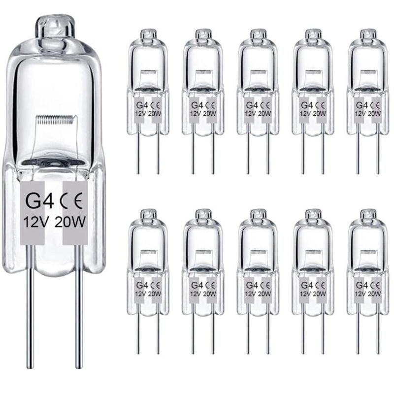Lot de 10 ampoules halogènes transparentes G4, 12V 20W, culot à deux broches, pour lustres et éclairage d'armoire