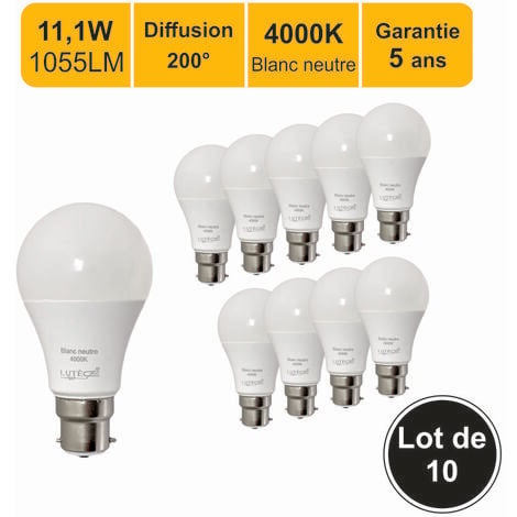 Lot de 10 ampoules LED 11,1W (équiv. 75W) B22 1055lm 4000K - garantie 5 ans