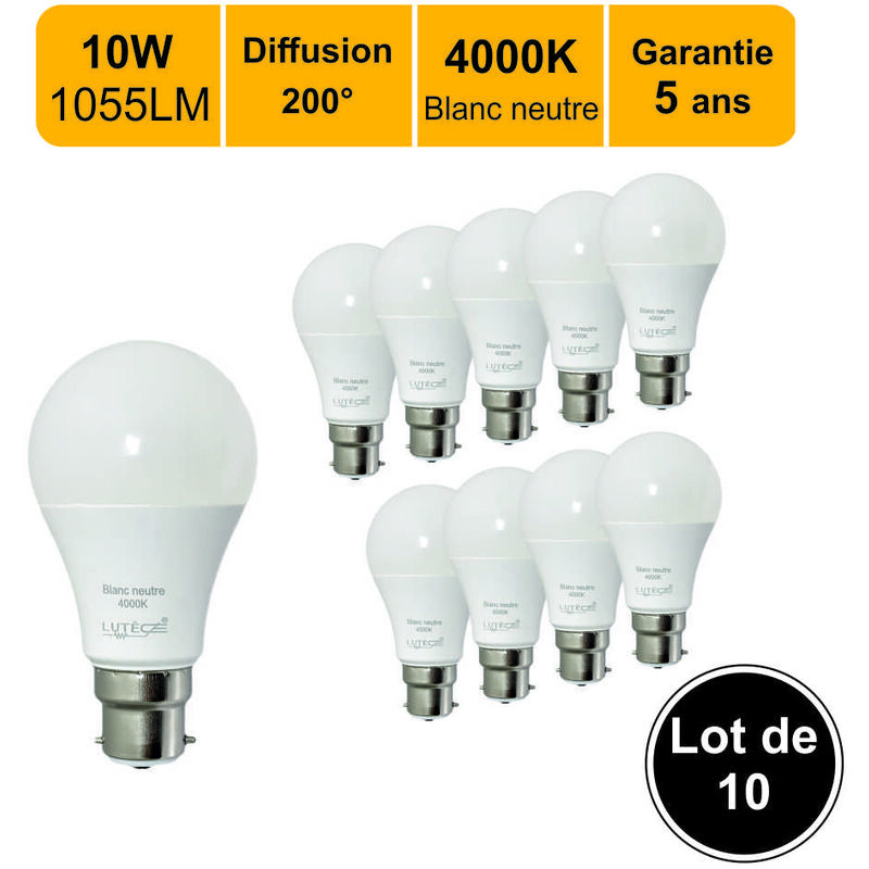 Lutece-arc - Lot de 10 ampoules led 10W (équiv. 75W) B22 1055lm 4000K - garantie 5 ans