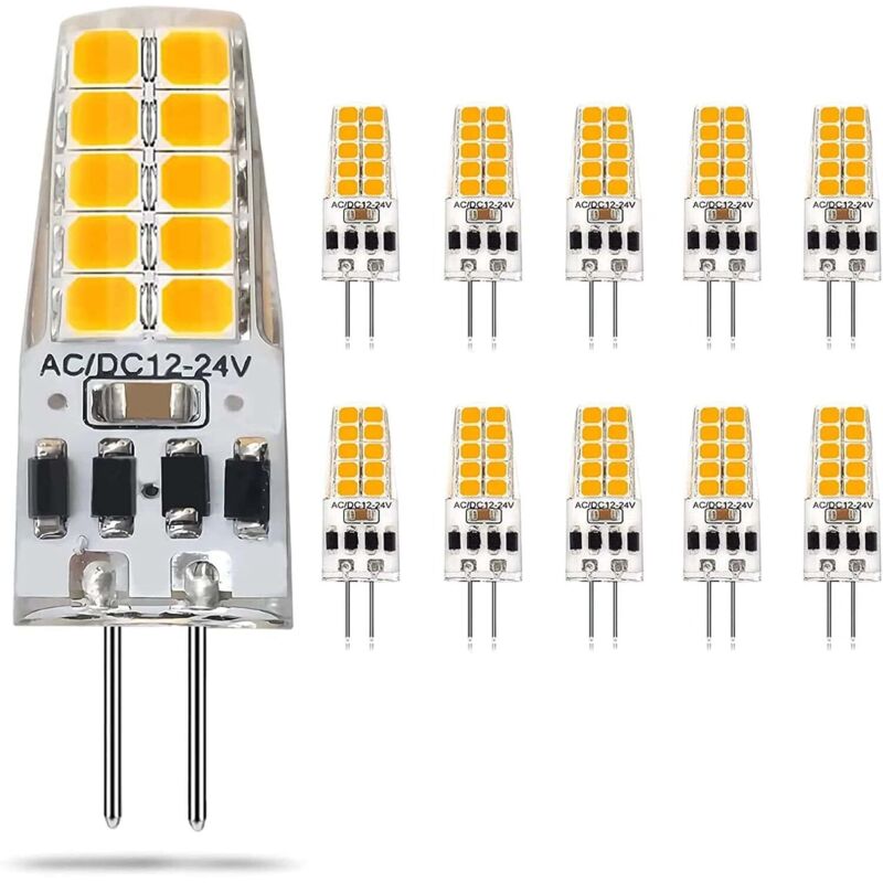 Lot de 10 ampoules LED 3W 12-24V, culot G6.35, blanc chaud 2900K, pour éclairage sous meuble ou lampe de bureau.