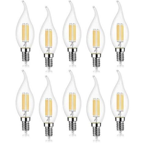 Lot de 10 ampoules LED 4W E14 470LM effet flamme bougie blanc froid 6000K, non dimmables, angle de diffusion de 360°
