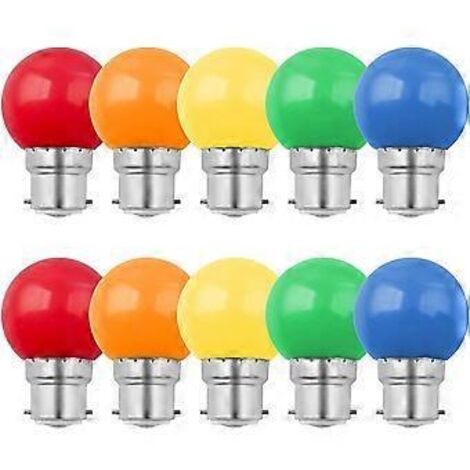 Lot de 10 ampoules LED B22 de 1 W, culot à baïonnette, équivalent 10 W incandescent, mini-ampoule globe G45, rouge, vert, bleu, orange, jaune.