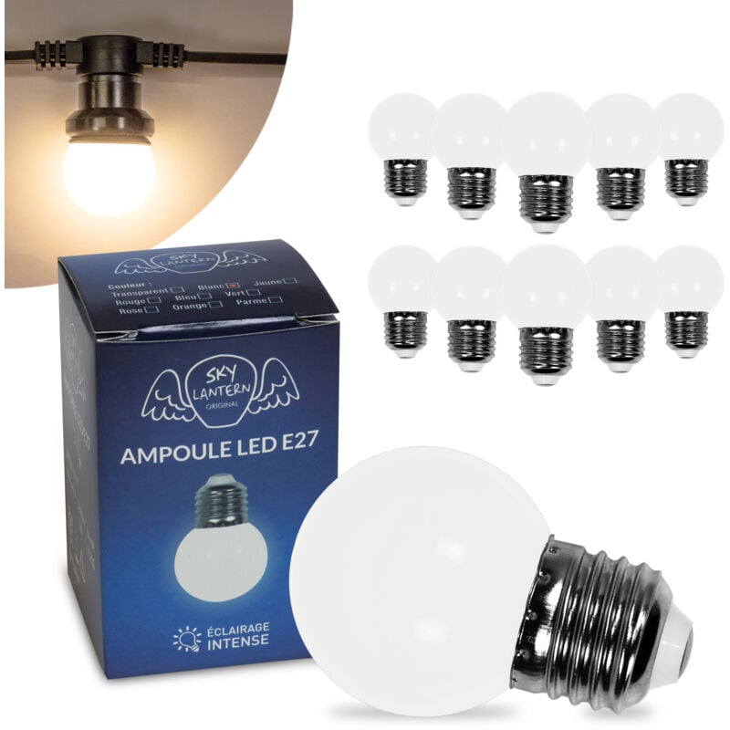 Lot de 10 Ampoules Led Blanc Chaud conçues pour Guirlande Guinguette IP65 1,3W - Ampoule Led E27 Blanc Chaud - Ampoule 5cm pour Guirlande Guinguette
