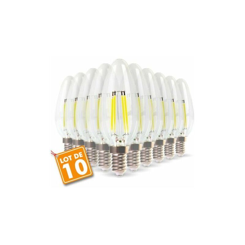 Lot de 10 Ampoules LED E14 Flamme Filament 4w Eq 40W blanc chaud 2700K