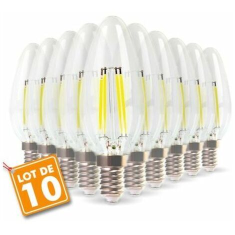 Lot de 10 Ampoules LED E14 Flamme Filament 4w Eq 40W blanc chaud 2700K
