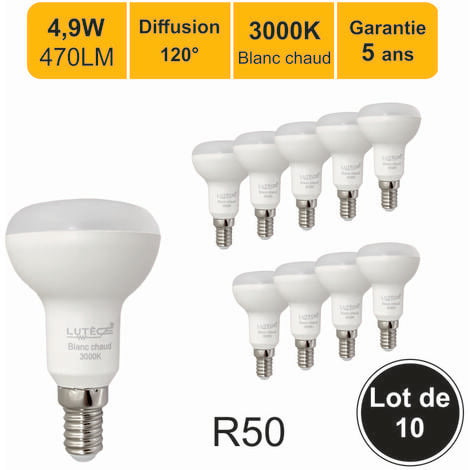 Lot de 10 ampoules LED E14 R50 4,9W (équiv. 40W) 470Lm 3000K - garantie 5 ans