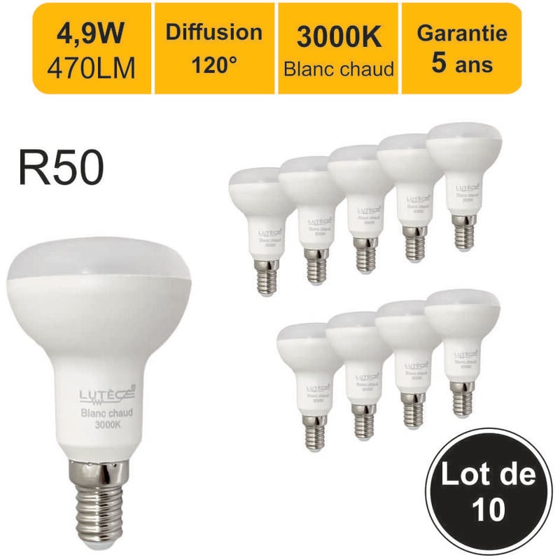 Lot de 10 ampoules LED E14 R50 4,9W (équiv. 40W) 470Lm 3000K - garantie 5 ans