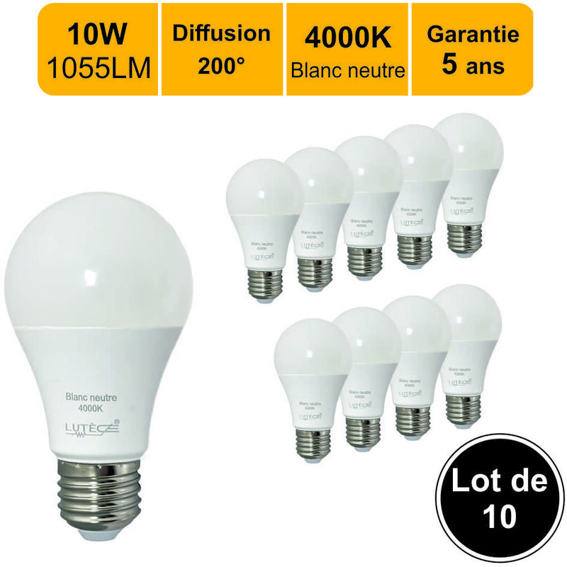 Lutece-arc - Lot de 10 ampoules led E27 11.1W 1055Lm 4000K - garantie 5 ans