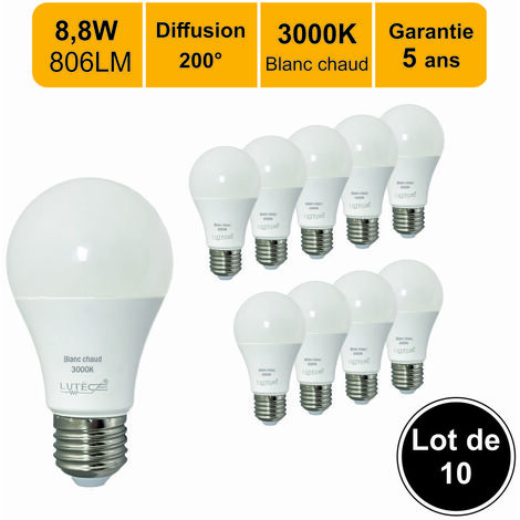 Lot de 10 ampoules LED E27 9W 806Lm 3000K - garantie 5 ans