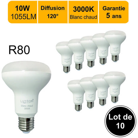 Lot de 10 ampoules LED E27 R80 10W (équiv. 75W) 1055Lm 3000K - garantie 5 ans