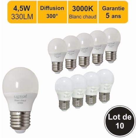 Lot de 10 ampoules LED E27 4,5W 330Lm 3000K - garantie 5 ans