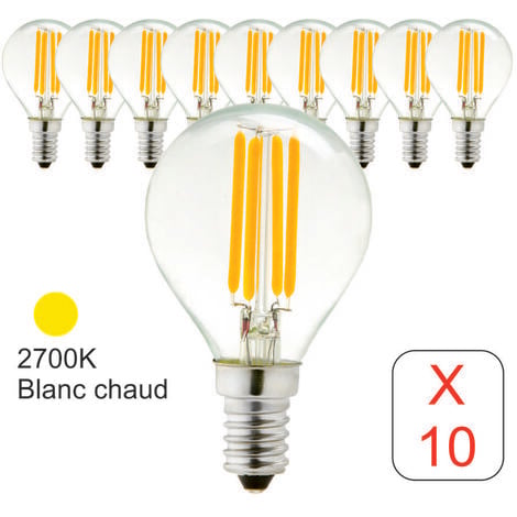 Lot de 10 ampoules LED filament E14 sphérique 4W 470Lm 2700K - garantie 2 ans