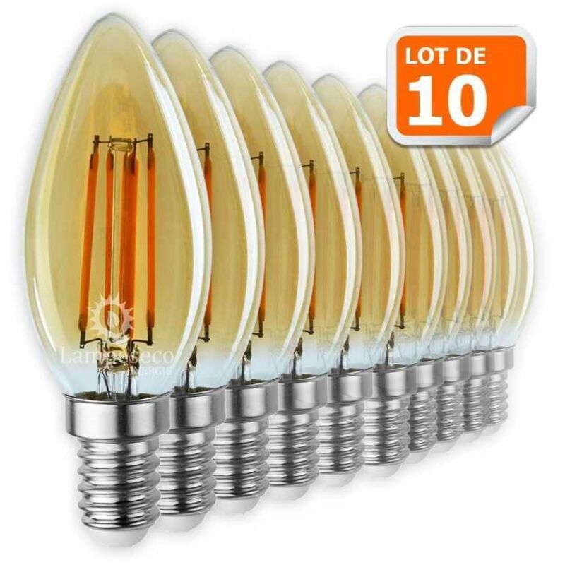 Lot de 10 Ampoules Led Flamme Filament Doré 4 watt (éq. 42 Watt) Culot E14
