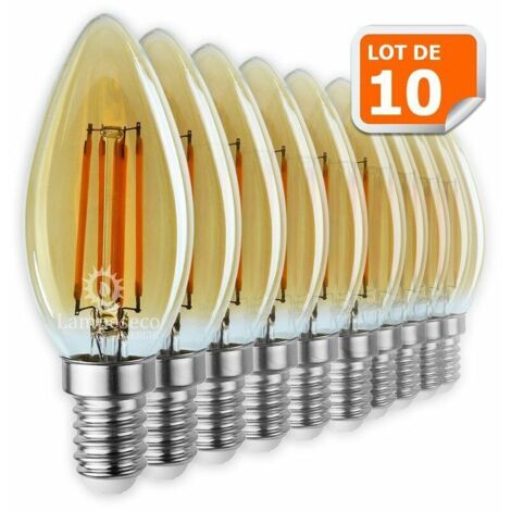 Lot de 10 Ampoules Led Flamme Filament Doré 4 watt (éq. 42 Watt) Culot E14