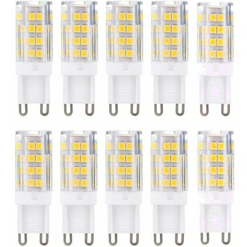Lot de 10 ampoules led G9, blanc chaud 3000 k 5 w équivalent à des ampoules halogènes 40 w 420 lumens non dimmables.