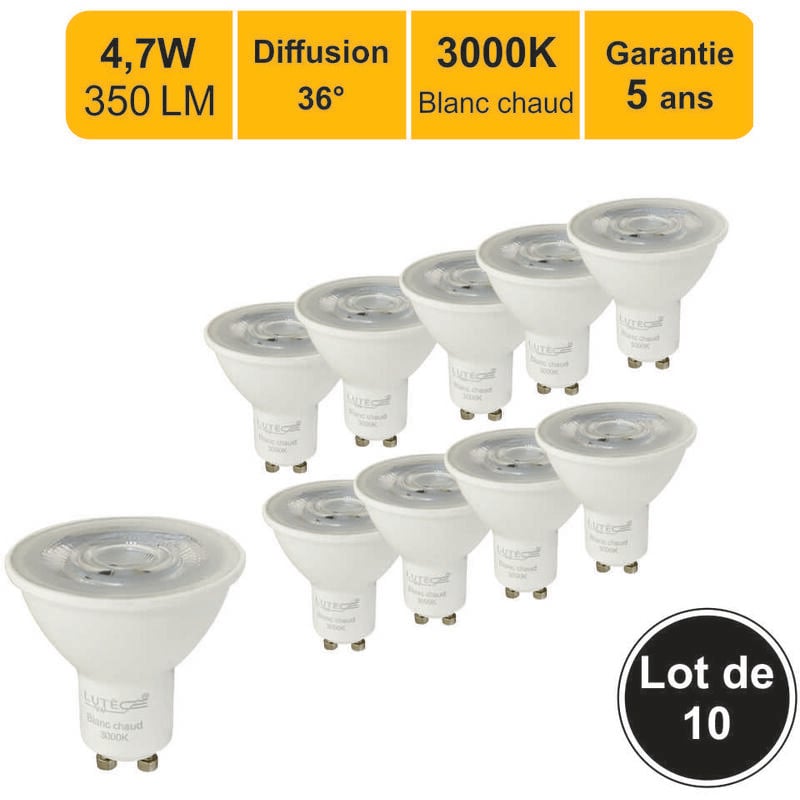 Lot de 10 ampoules led GU10 36° 4,7W (équiv. 50W) 350Lm 3000K - garantie 5 ans