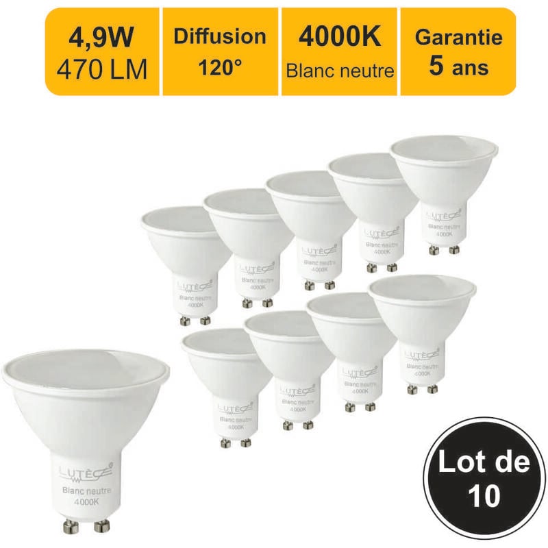 Lutece-arc - Lot de 10 ampoules led GU10 4.9W 470Lm 4000K - garantie 5 ans