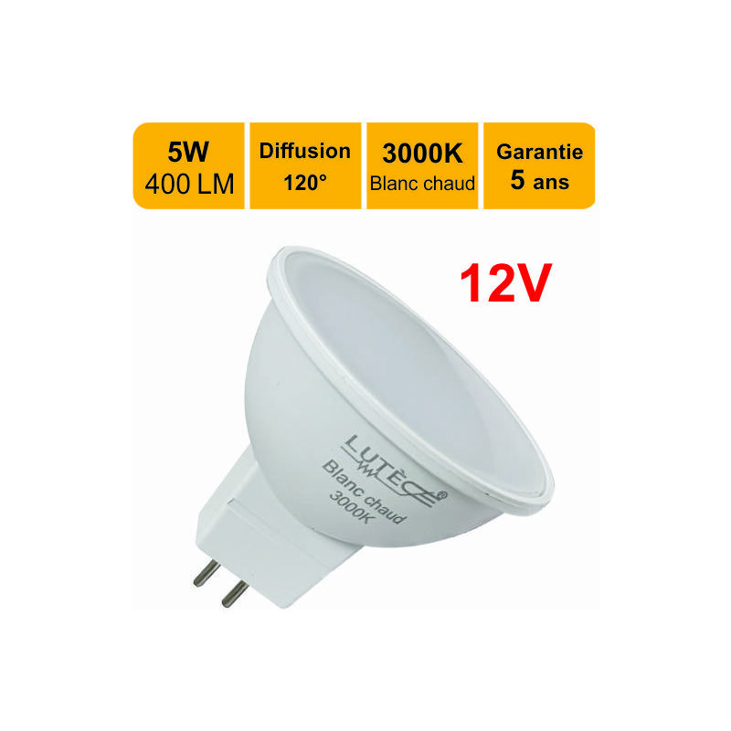 Lot de 10 ampoules led GU5.3 (MR16) 12V 5W 400Lm 3000K - garantie 5 ans