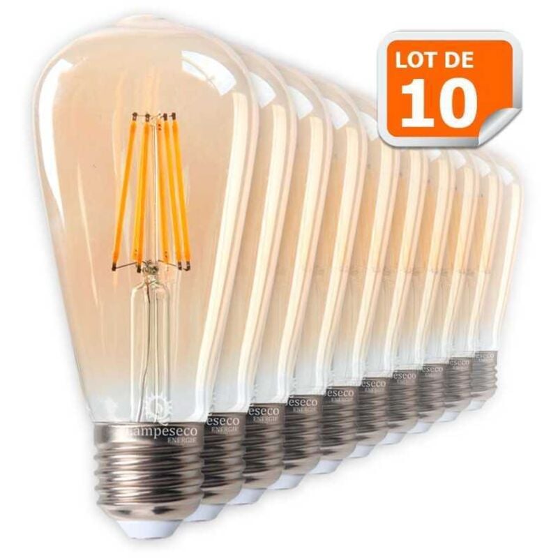Lot de 10 Ampoules led Style Vintage Teardrop ST64 Doré 7 Watts Blanc Très Chaud Culot E27