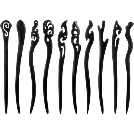 Lot de 10 baguettes à cheveux en bois - Style vintage - Pour chignons - Noir - Style chinois - Pour femme et fille (style 2)