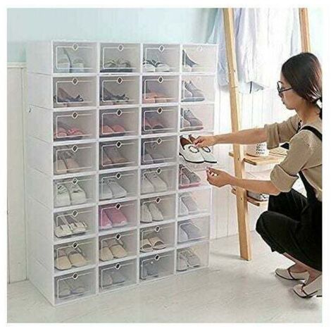 Lot de 10 boîtes à chaussures épaisses, transparentes, en plastique blanc, avec couvercle à charnière.