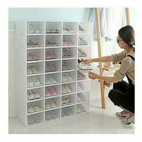 Lot de 10 boîtes à chaussures épaisses, transparentes, en plastique blanc, avec couvercle à charnière.