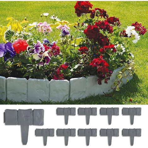 Lot de 10 bordures de jardin de 7,5 m, effet pierre, grises, décoratives pour pelouse et aménagement paysager.