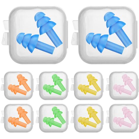 Lot de 10 bouchons d'oreilles réutilisables en silicone, étanches, antibruit, pour dormir, natation, ronflement, concerts, avions, voyages, travail, lieux bruyants