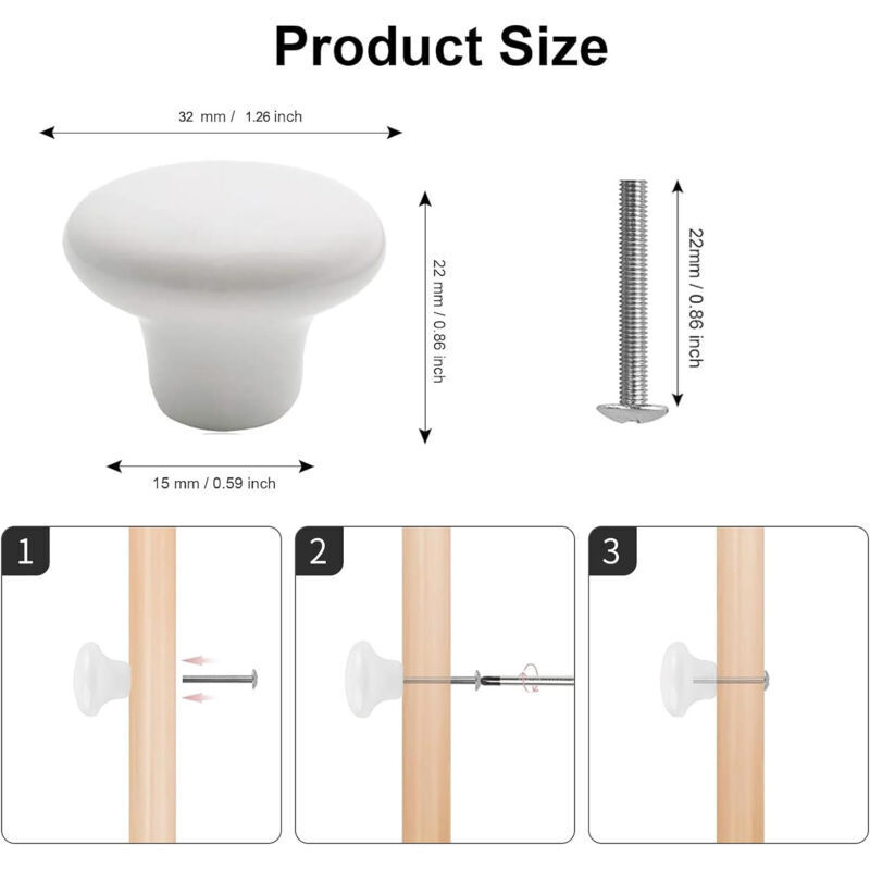 Lot de 10 Bouton En Céramique Blanc, Céramique Poignée Porte, Rétro Rond En Céramique Armoire Tiroir Cuisine Poignée De Traction 32mm Avec 3 tailles