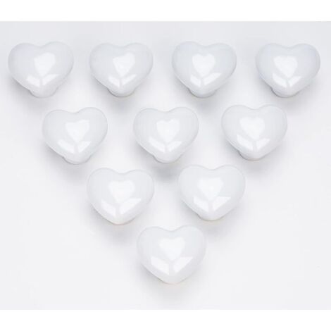 Lot de 10 boutons de meuble en céramique avec cœur Blanc
