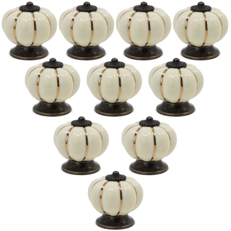 Lot de 10 boutons de meuble en céramique de style européen vintage et en forme de citrouille pour commode, armoires et tiroirs, Beige