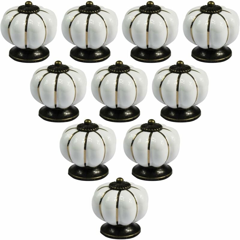 Lot de 10 boutons de meuble en céramique de style européen vintage et en forme de citrouille pour commode, armoires et tiroirs, Blanc