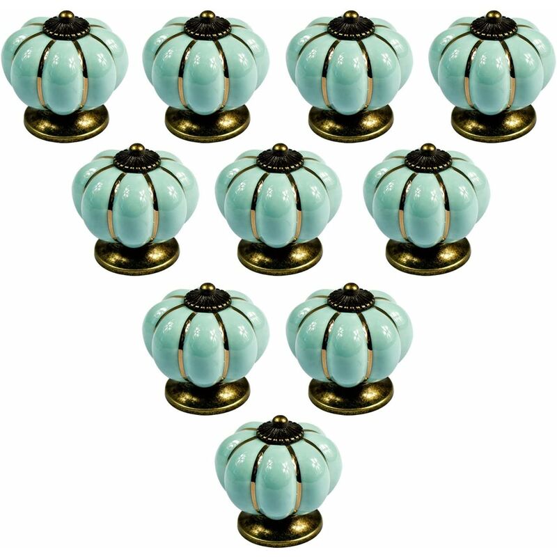Ersandy - Lot de 10 boutons de meuble en céramique de style européen vintage et en forme de citrouille pour commode, armoires et tiroirs, Light Blue