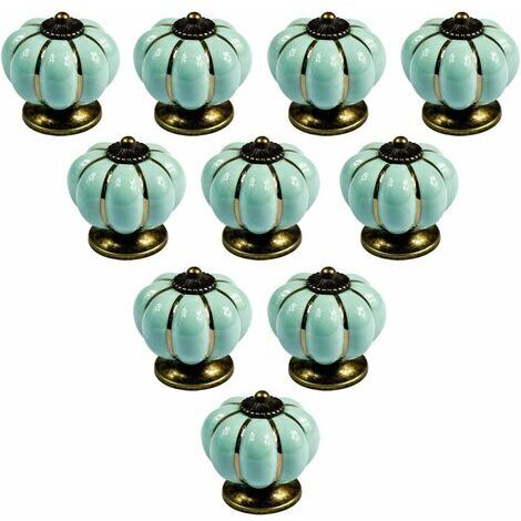Lot de 10 boutons de meuble en céramique de style européen vintage et en forme de citrouille pour commode, armoires et tiroirs, Light Bluedengyank