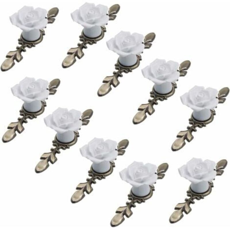 Lot de 10 boutons de meuble en céramique, diamètre 41 mm, motif rosace avec plaque en bronze, blanc, longueur 118 mm