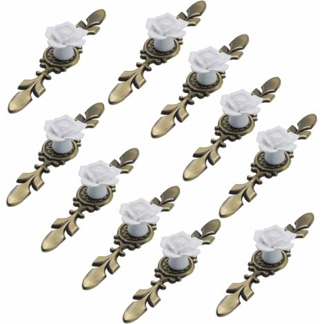 Lot de 10 boutons de meuble en céramique, diamètre 41 mm, motif rosace avec plaque en bronze, blanc, longueur 170 mm