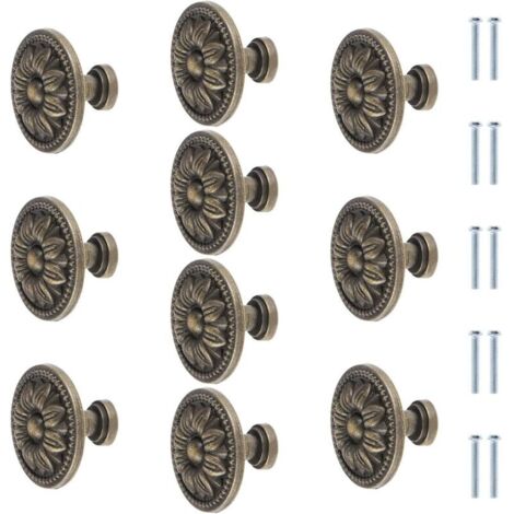 Lot de 10 boutons de meuble ronds en bronze antique avec fleurs - 35 mm - Vintage - Pour tiroir de placard de cuisine - Poigné
