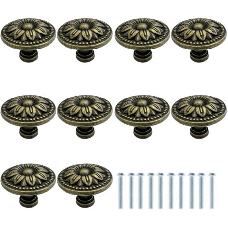 Lot de 10 boutons de meuble ronds en bronze antique avec fleurs - 35 mm - Vintage - Pour tiroir de placard de cuisine - Poignée de tiroir en bronze