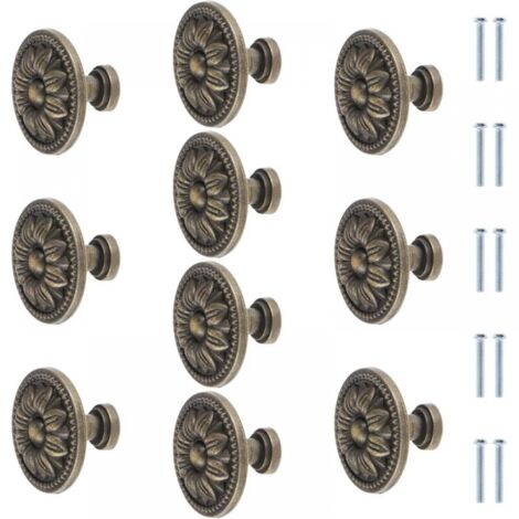 Lot de 10 boutons de meuble ronds en bronze antique avec fleurs , 35 mm×26mm , Vintage , Pour tiroir de placard de cuisine ,Poignée de tiroir en bronze