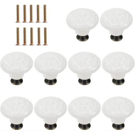 Lot de 10 boutons de porte en céramique blanche de 34 mm, boutons de tiroir vintage en forme de champignon pour armoire, commode, tiroir, porte d'armoire