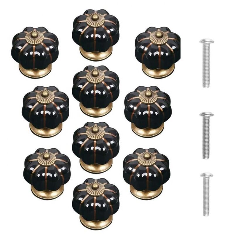 Csparkv - Lot de 10 boutons de porte en céramique vintage en forme de citrouille Noir