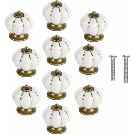 Lot de 10 boutons de porte vintage en céramique en forme de citrouille pour placard, tiroir, placard, décoration d'intérieur - Blanc
