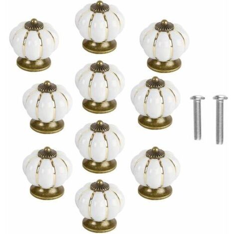 Lot de 10 boutons de porte vintage en céramique en forme de citrouille pour placard, tiroir, placard, décoration d'intérieur - Blanc