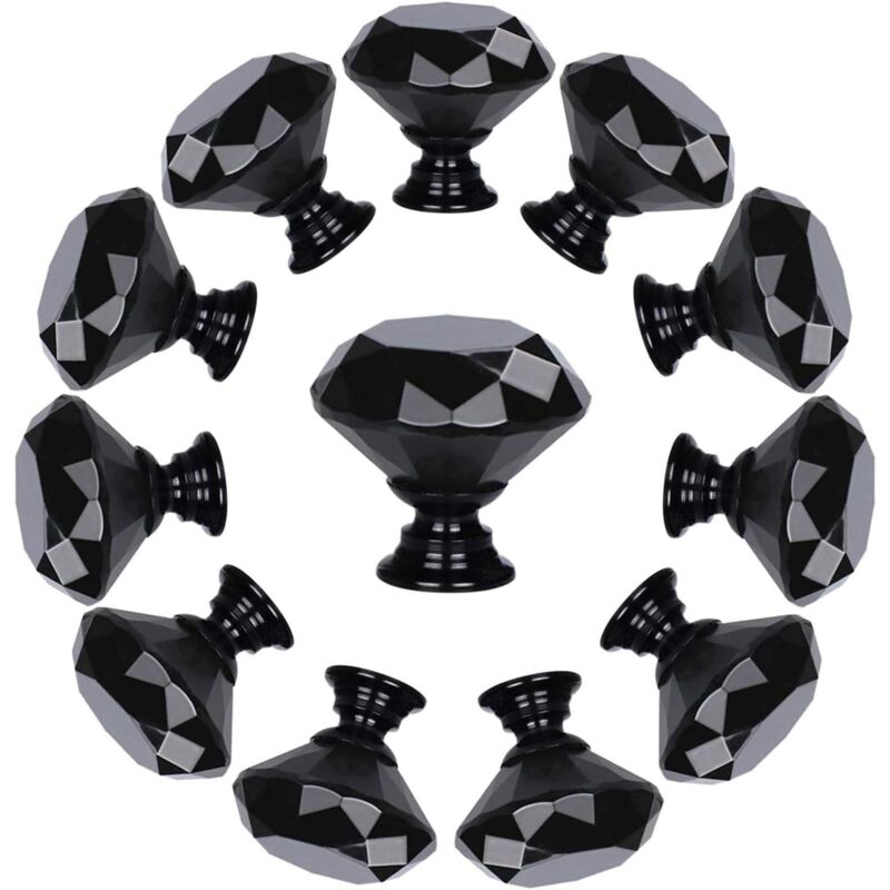 Lot de 10 boutons de tiroir en verre cristal en forme de diamant (30 mm, tout noir) Boutons d'armoire Poignées de tirage