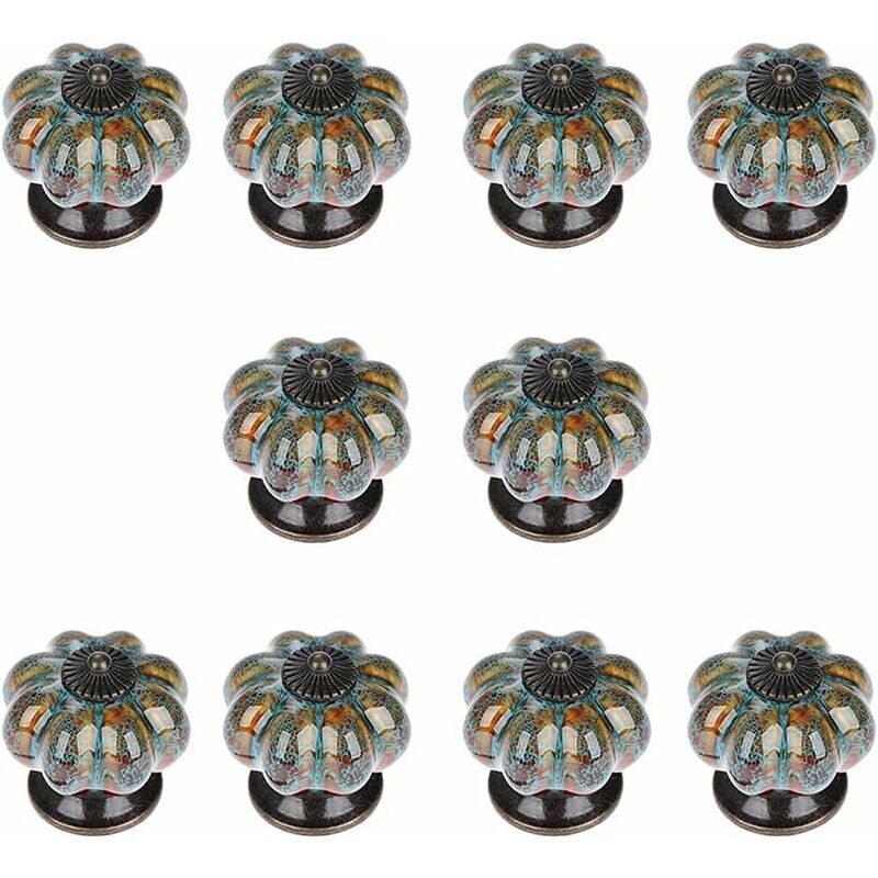 Lot de 10 boutons en céramique avec boutons colorés et poignées en forme de citrouille pour armoires, armoires de cuisine et de salle de bain (bleu)