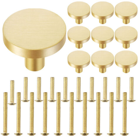 Lot de 10 boutons ronds en laiton brossé pour meubles, armoires et tiroirs. Quincaillerie à un trou pour tiroirs, accessoires de cuisine modernes. Finition laiton brossé.