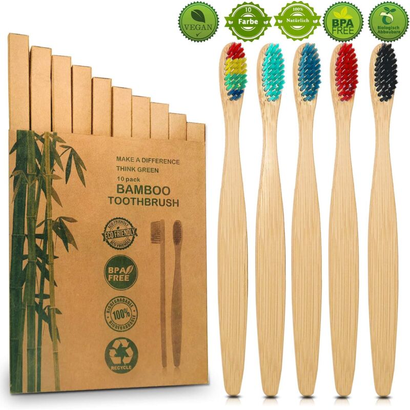 KZQ - Lot de 10 brosses à dents en bambou - Poils de la brosse à dents avec charbon actif de qualité supérieure - 100 % sans bpa - Sans plastique